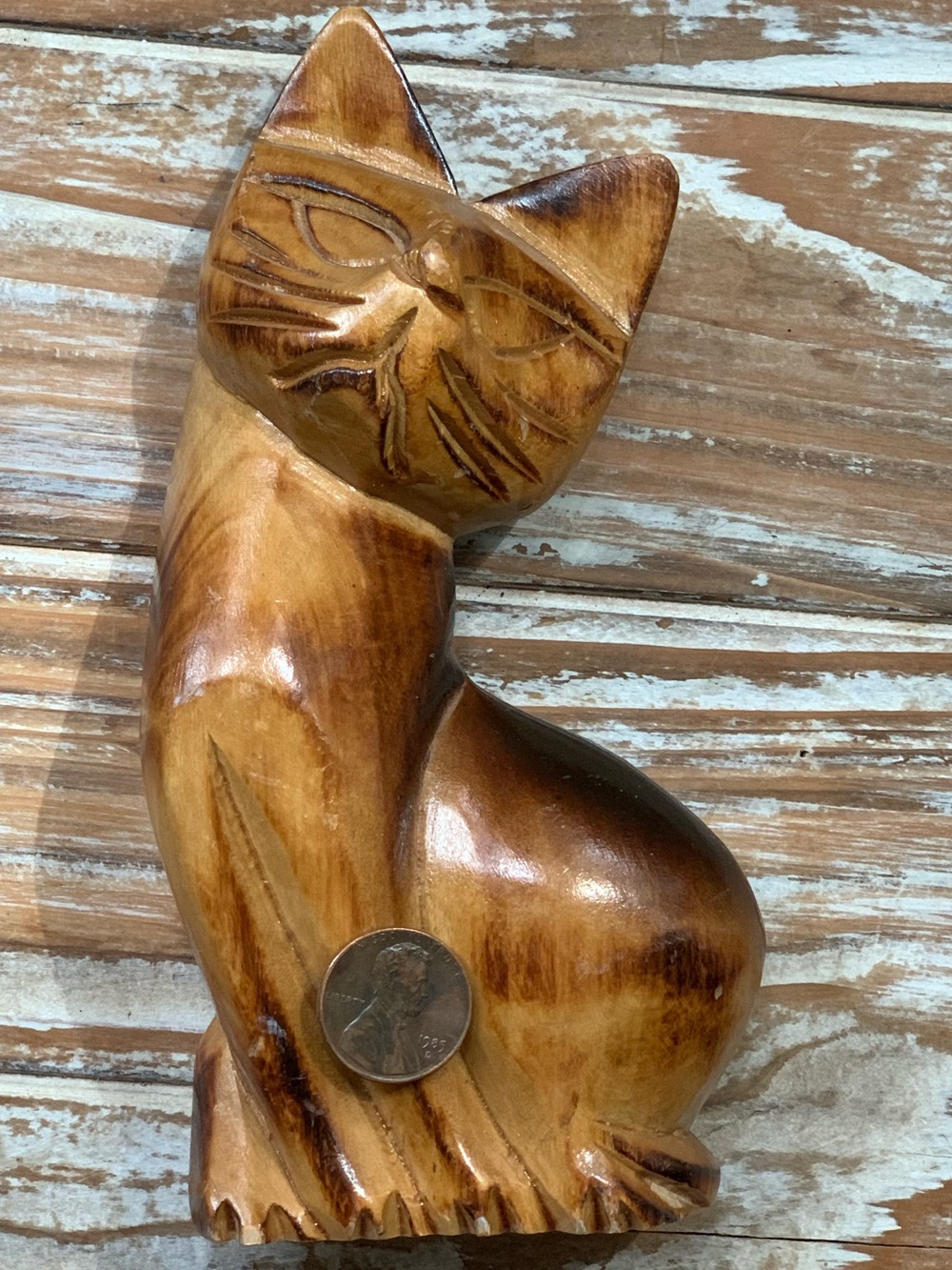 Vintage MCM Hand Carved Wooden Cat Figurine Burnt Wood Art 7.5" - Picture 9 of 11